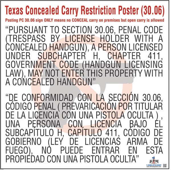 Texas Gun Law Poster Bilingual Additional State Posting Requirement for Workplace
