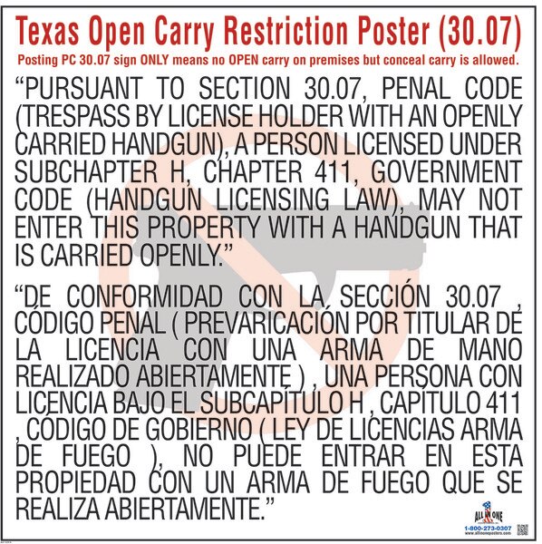Texas Gun Law Poster Bilingual Additional State Posting Requirement for Workplace